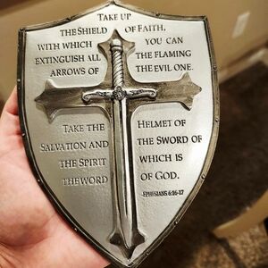 Inspirational Shield Wall Decor with Cross - Silver and Gray